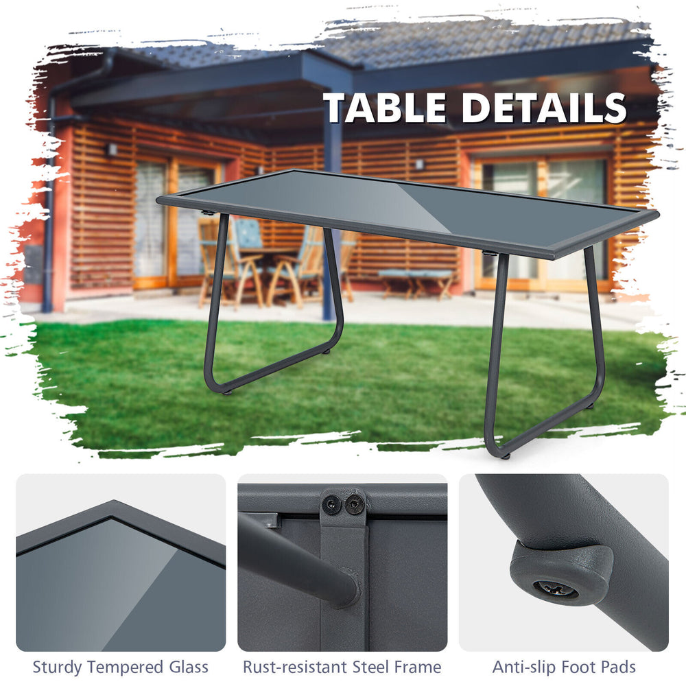 Tempered glass tabletop with a sturdy steel frame and anti-slip foot pads, perfect for outdoor patio use.