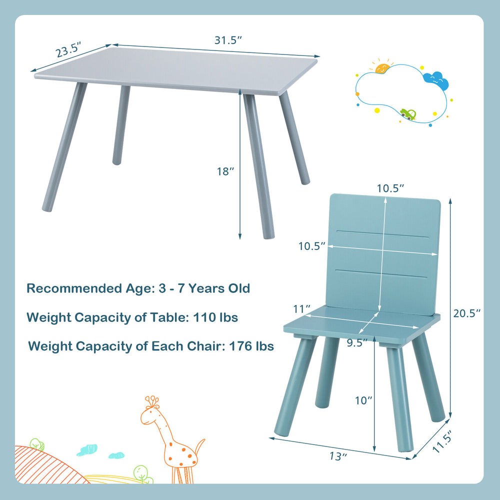 Kids wooden activity play furniture set featuring a blue table and ergonomic chairs, perfect for playtime and homework.