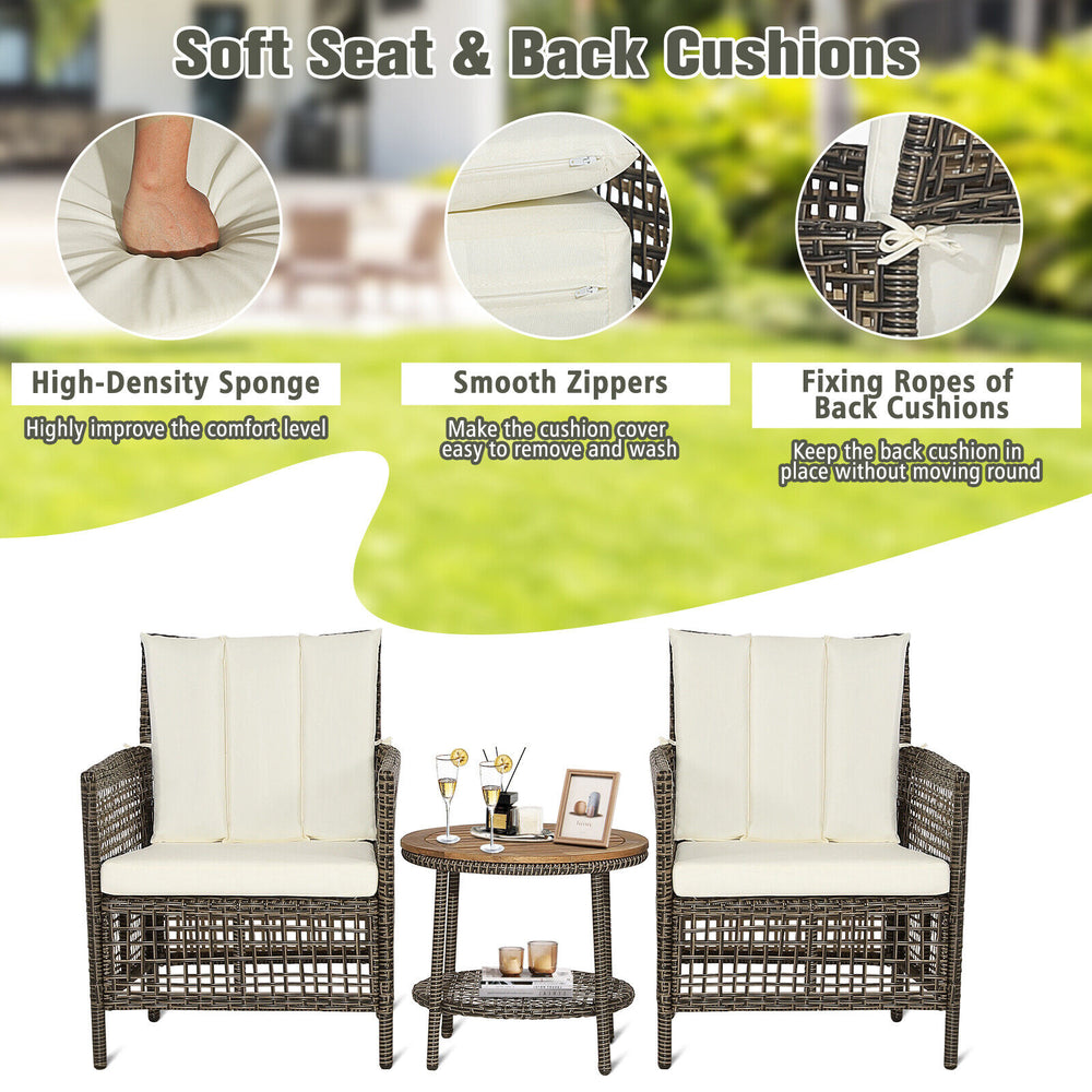 Two cushioned sofas and a wood-top table from the 3-piece patio rattan furniture set for outdoor relaxation.