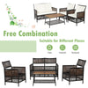 4-piece patio rattan furniture set with white cushions, featuring a coffee table and ergonomic design for outdoor.