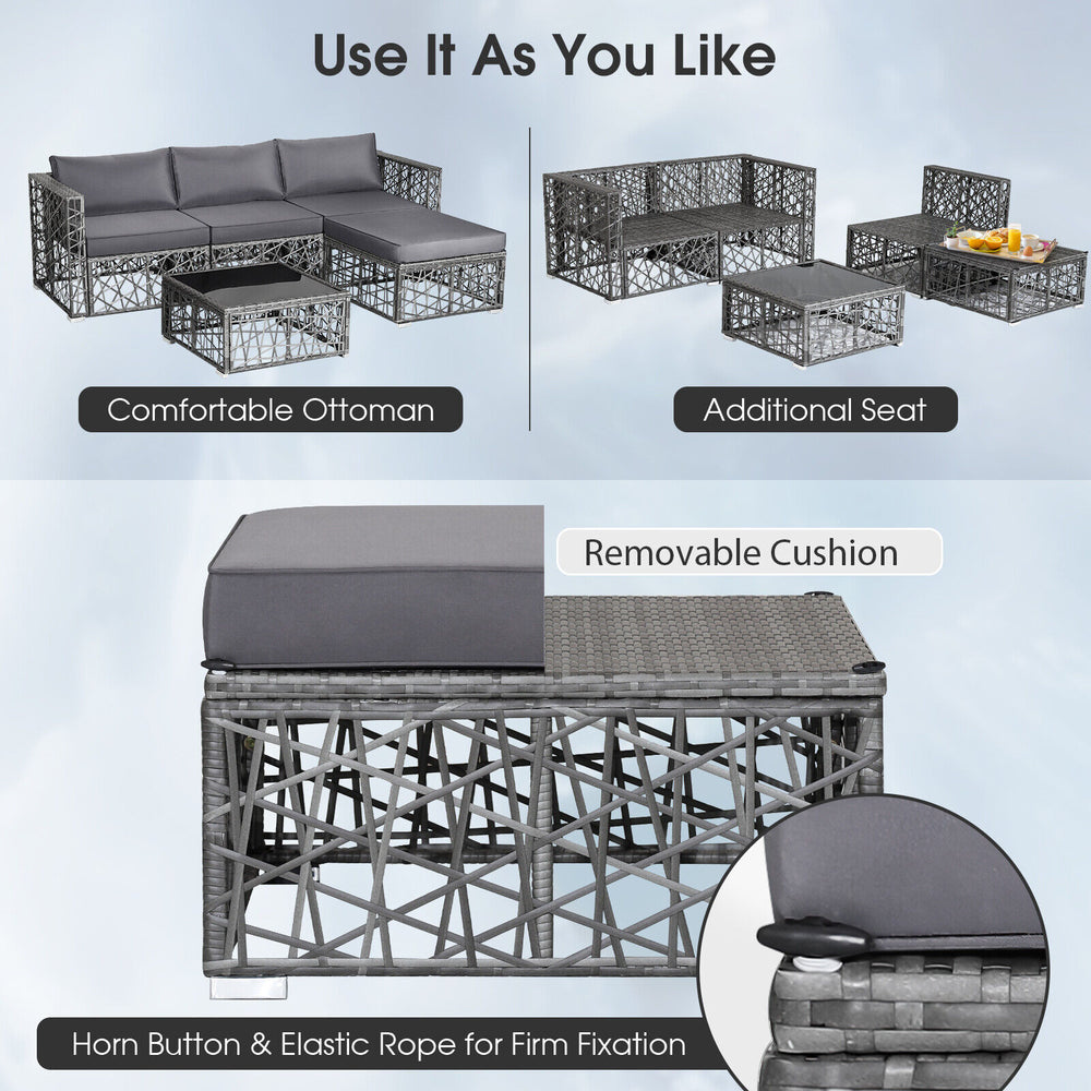 5-piece gray patio PE rattan wicker sofa set with removable cushions, including an ottoman for extra seating and.