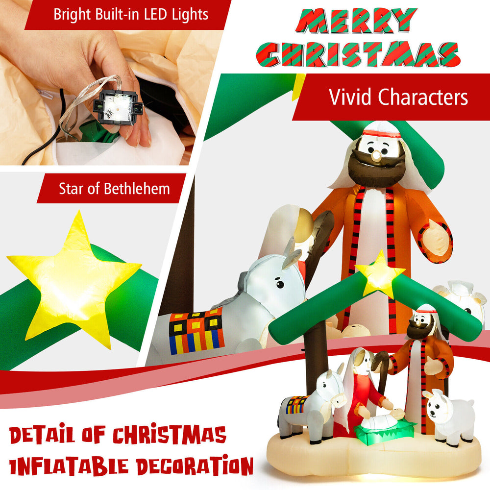 Christmas inflatable nativity scene with LED lights, 6.7 feet tall, featuring vivid characters for festive outdoor.