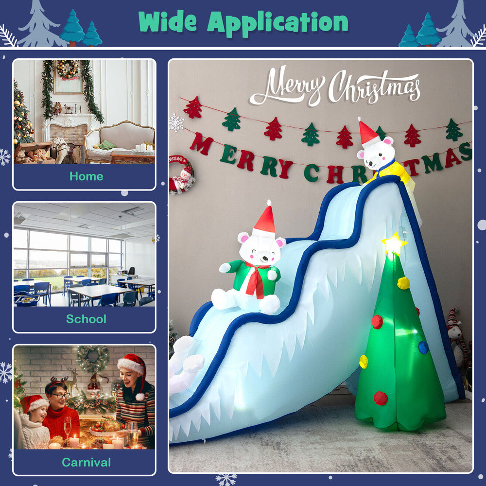 Inflatable 9 feet polar bear slide decoration with LED lights, perfect for Christmas celebrations at home, school, or.
