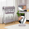 Baby changing table in gray with safety belt, foldable design, and storage basket for convenient baby care.