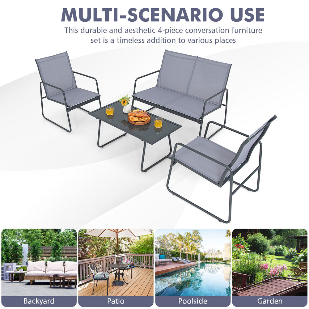 4-piece metal patio furniture chat set with tempered glass coffee table, ideal for backyard relaxation and outdoor.