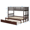 Twin pull-out bunk bed in espresso with wooden ladder, featuring trundle and full-length guardrails for safety.