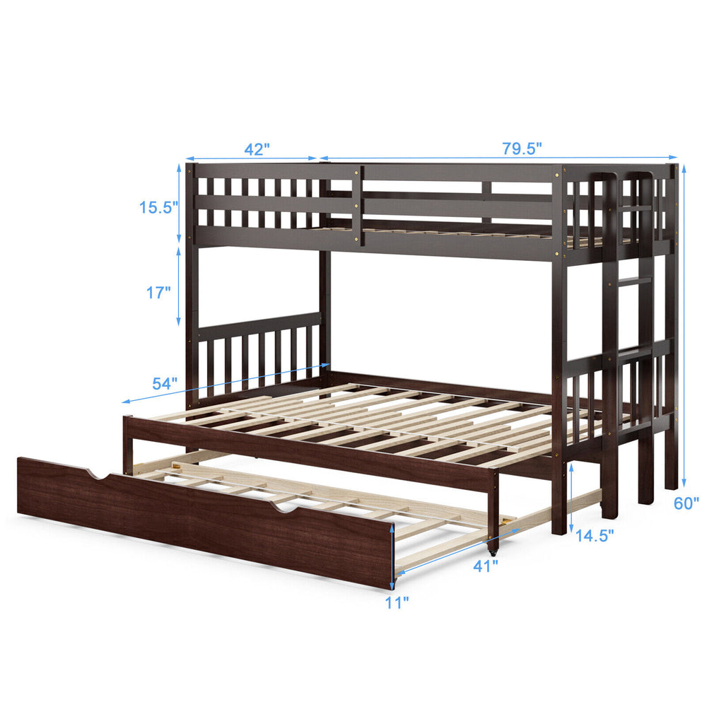 Twin pull-out bunk bed in espresso with wooden ladder, featuring trundle and full-length guardrails for safety.