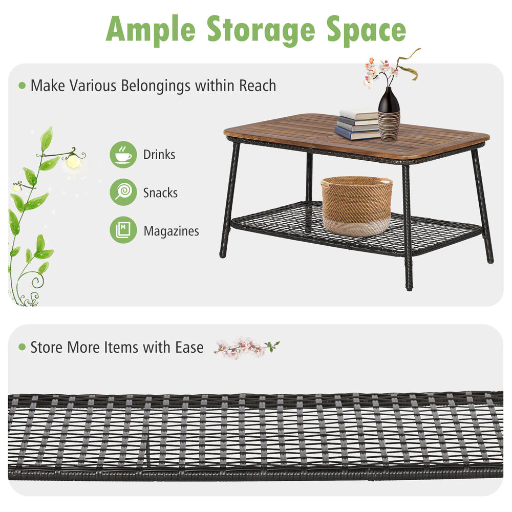 Rectangular coffee table with acacia wood top and open shelf, ideal for drinks and magazines in a patio furniture set.