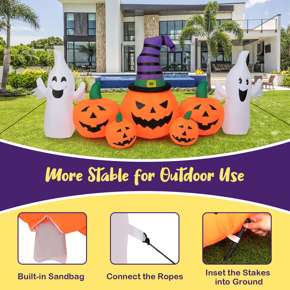 9-foot Halloween inflatable pumpkins with 2 ghosts, featuring built-in LED lights and sandbag for outdoor stability.