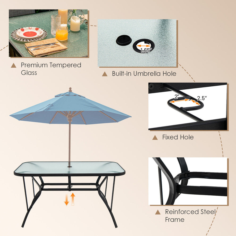 7-piece patio dining set featuring a tempered glass table, 6 stackable chairs, and a built-in 1.5" umbrella hole for.