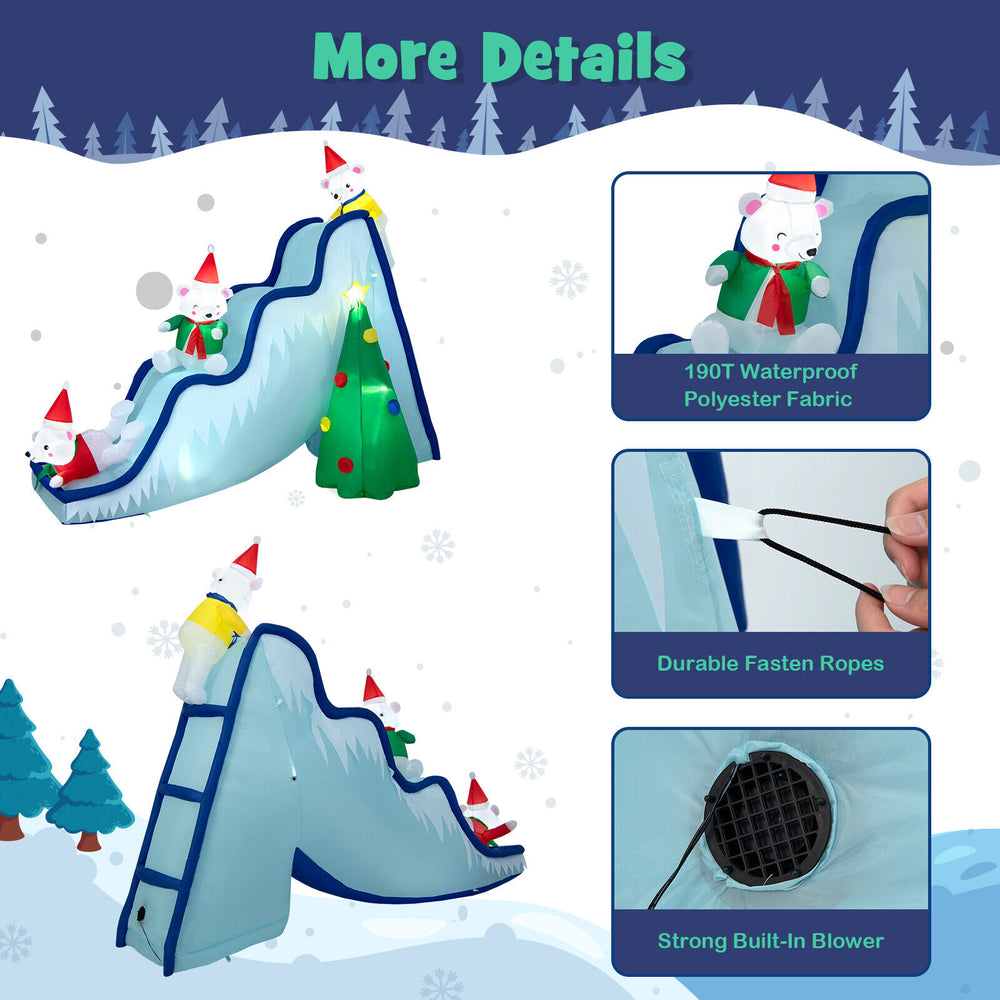 Inflatable 9 feet polar bear slide decoration with LED lights, made of waterproof polyester fabric for outdoor use.