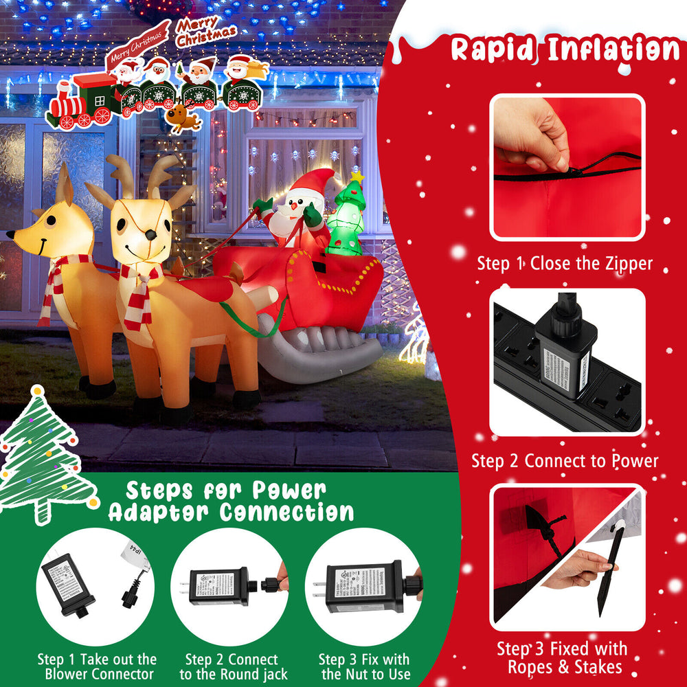 Inflatable Santa on sled with 2 reindeer, 7.2 feet long, LED lights, perfect for outdoor Christmas decoration.