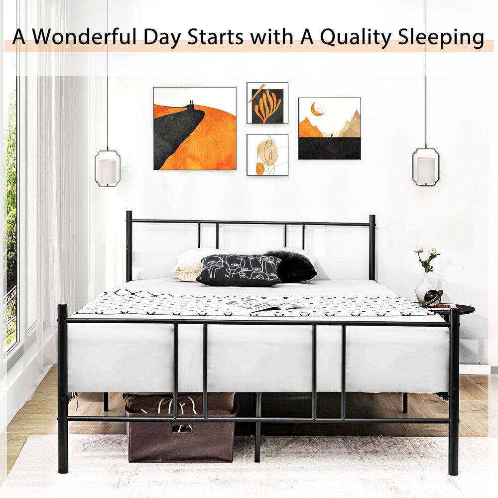Full/Queen size platform bed frame with high headboard in all-black steel, designed for sturdy support and noise.