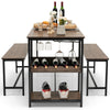 Rectangular dining table set with wine rack and two benches, perfect for 4-person meals and efficient storage.