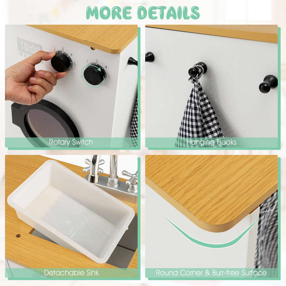 Close-up of the 2-piece wooden kids kitchen playset with rotary switch, hooks, and detachable sink for imaginative play.