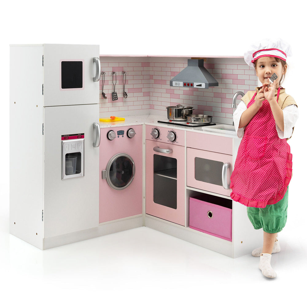 Corner play kitchen toy set in pink with sound and light features, includes stainless steel cookware and storage.
