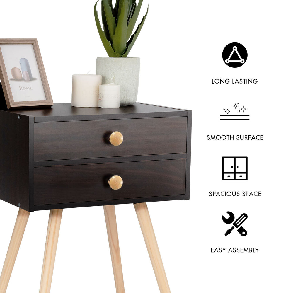 Mid Century Modern nightstand with two drawers in natural-coffee finish, featuring solid wood legs and smooth surface.