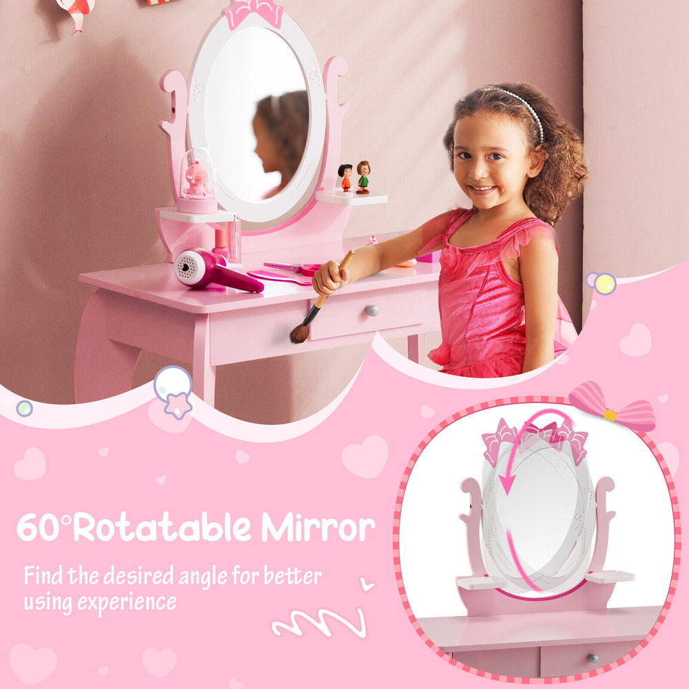 Kid vanity table set with pink oval rotatable mirror, featuring a spacious tabletop and practical drawer for storage.