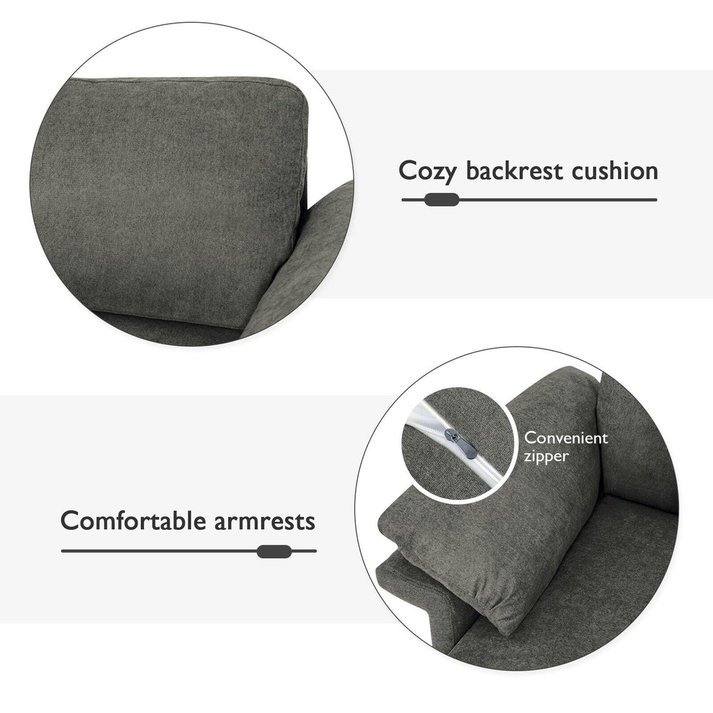 Cozy backrest cushion and comfortable armrests of the gray modern fabric accent armchair for ergonomic support.