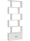 S-shaped 6-tier freestanding bookshelf in white with a closed cabinet, ideal for living rooms and home offices.