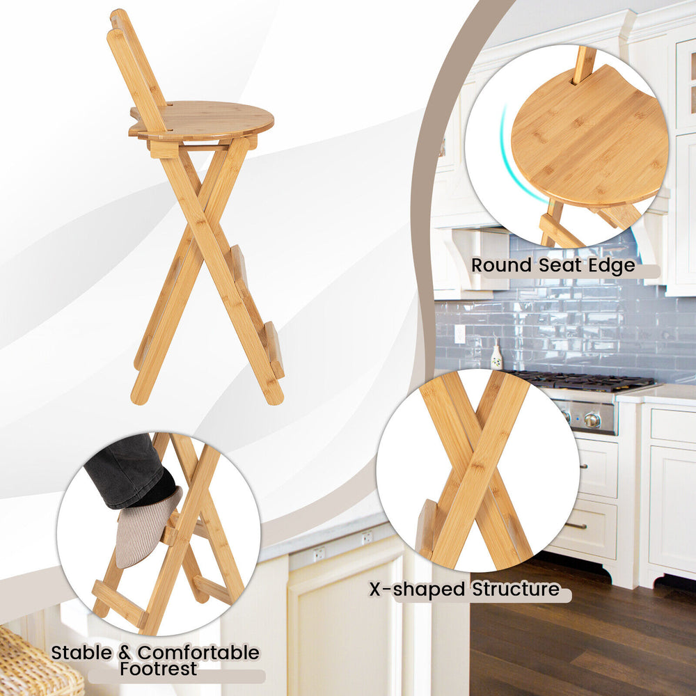 Bamboo folding barstool with round seat edge, ergonomic backrest, and stable footrest, perfect for home or cafe use.
