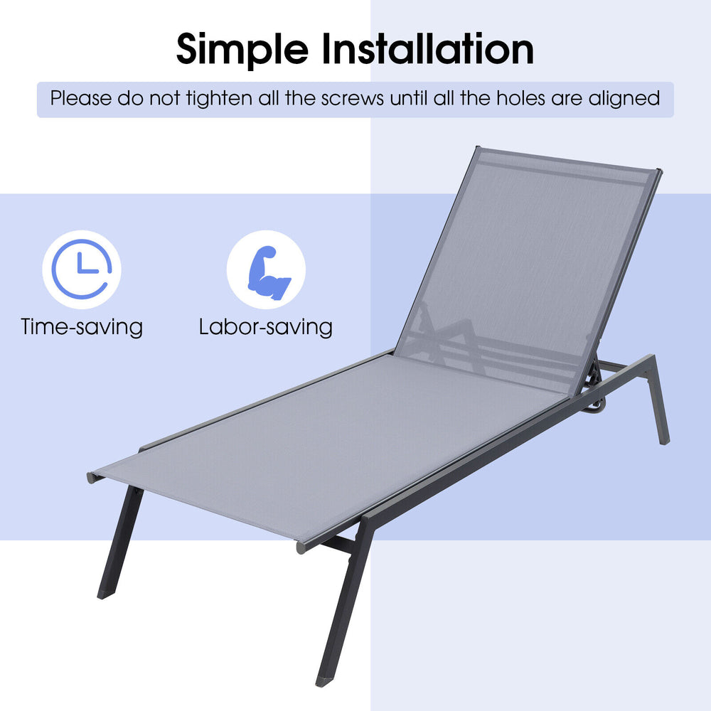 Outdoor adjustable chaise lounge chair with a lay flat position, featuring a sturdy steel frame and quick-drying fabric.