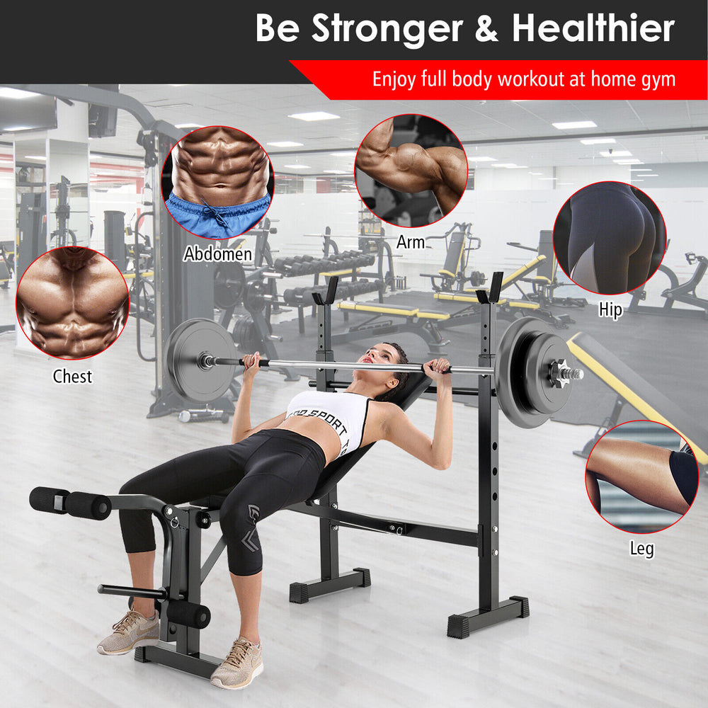 Adjustable weight bench and barbell rack set with foam padding for comfortable full body workouts at home gym.