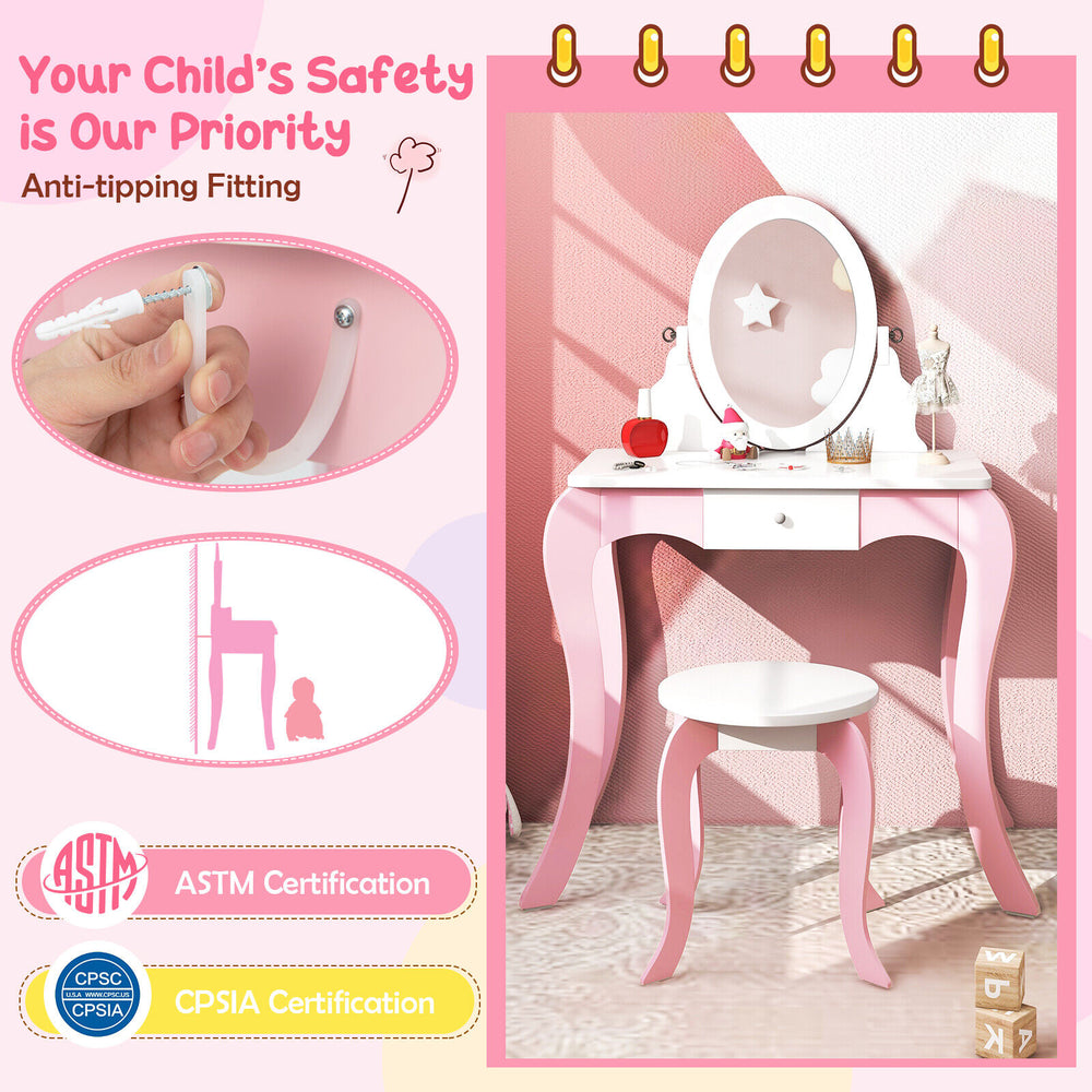 Kids vanity set featuring a 360° rotatable mirror, pink finish, and anti-tipping design for safe play and storage.