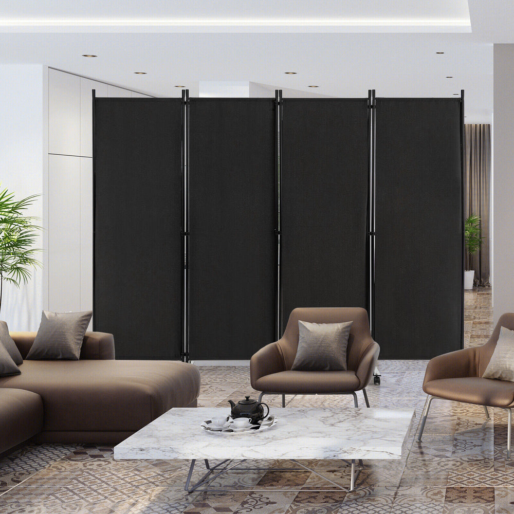 4-panel black folding room divider with lockable wheels, perfect for indoor privacy in home or office settings.