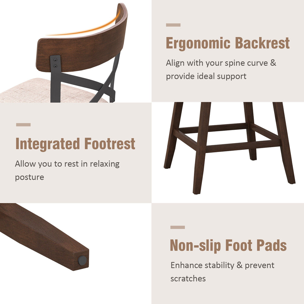 Wooden swivel bar stool with cushioned seat, ergonomic backrest, and integrated footrest for kitchen island use.