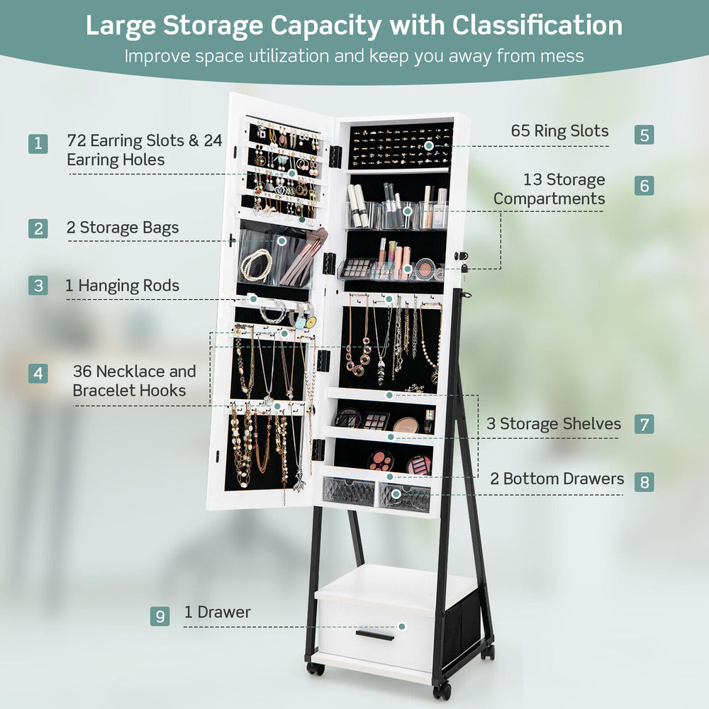 Jewelry cabinet with full-length mirror, featuring large storage capacity, multiple compartments, and a durable MDF.