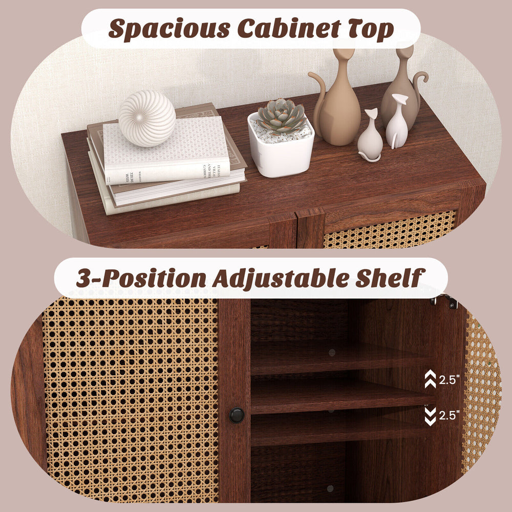 Spacious walnut kitchen sideboard featuring 2 rattan doors and a 3-position adjustable shelf for versatile storage.