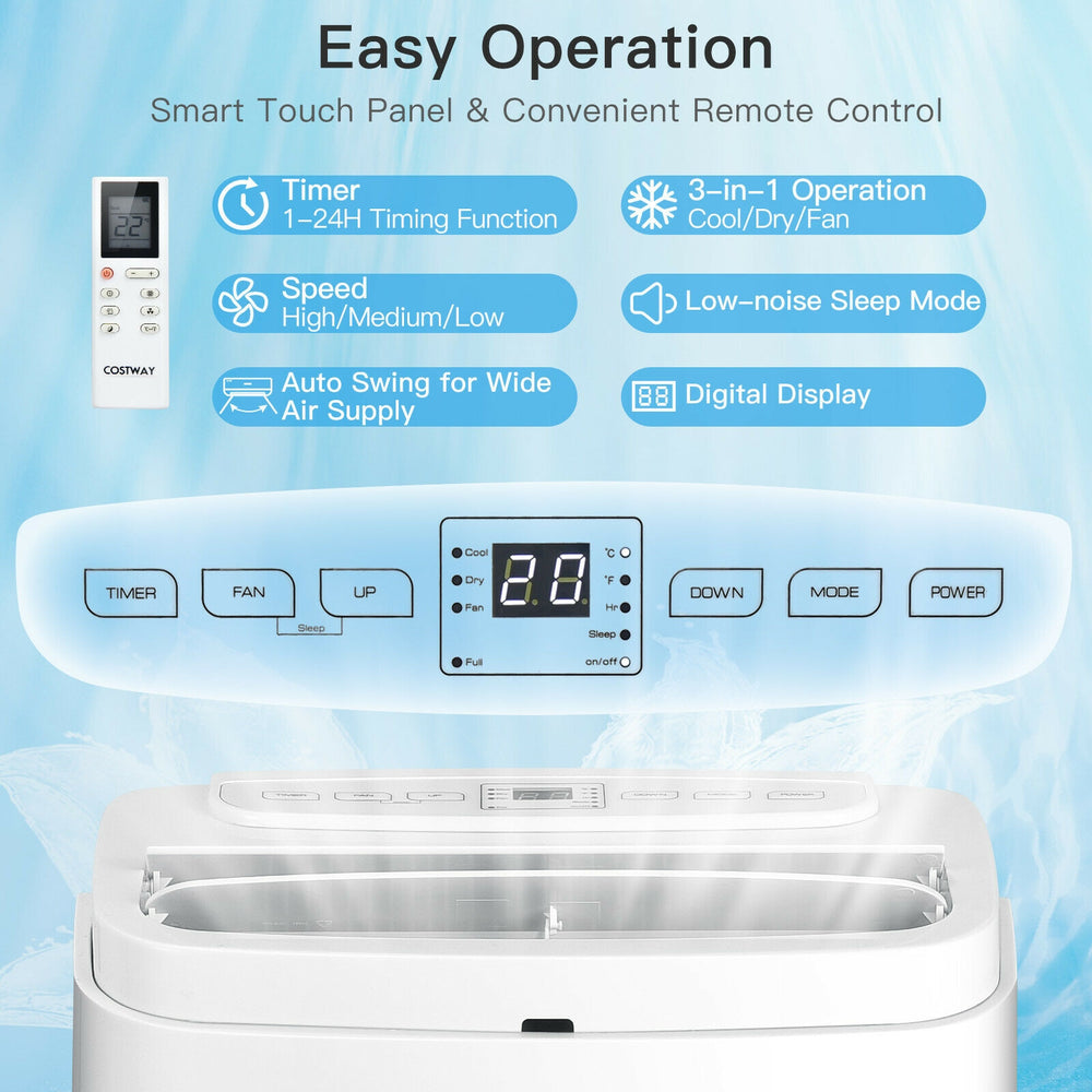 Control panel of the 9000BTU 3-in-1 portable air conditioner with remote, featuring timer and speed settings for easy.