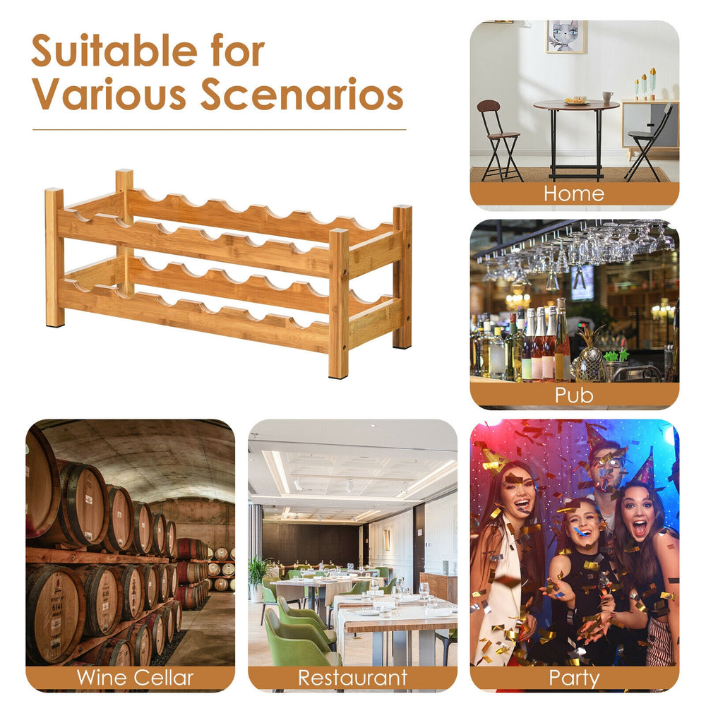 2-tier bamboo wine rack holding 12 bottles, eco-friendly design, perfect for kitchen, pantry, or wine cellar storage.