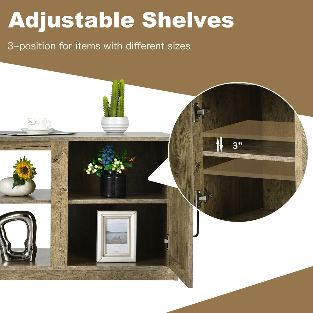 Adjustable shelves in the 58-inch TV stand for versatile storage, crafted from durable engineered wood for stability.
