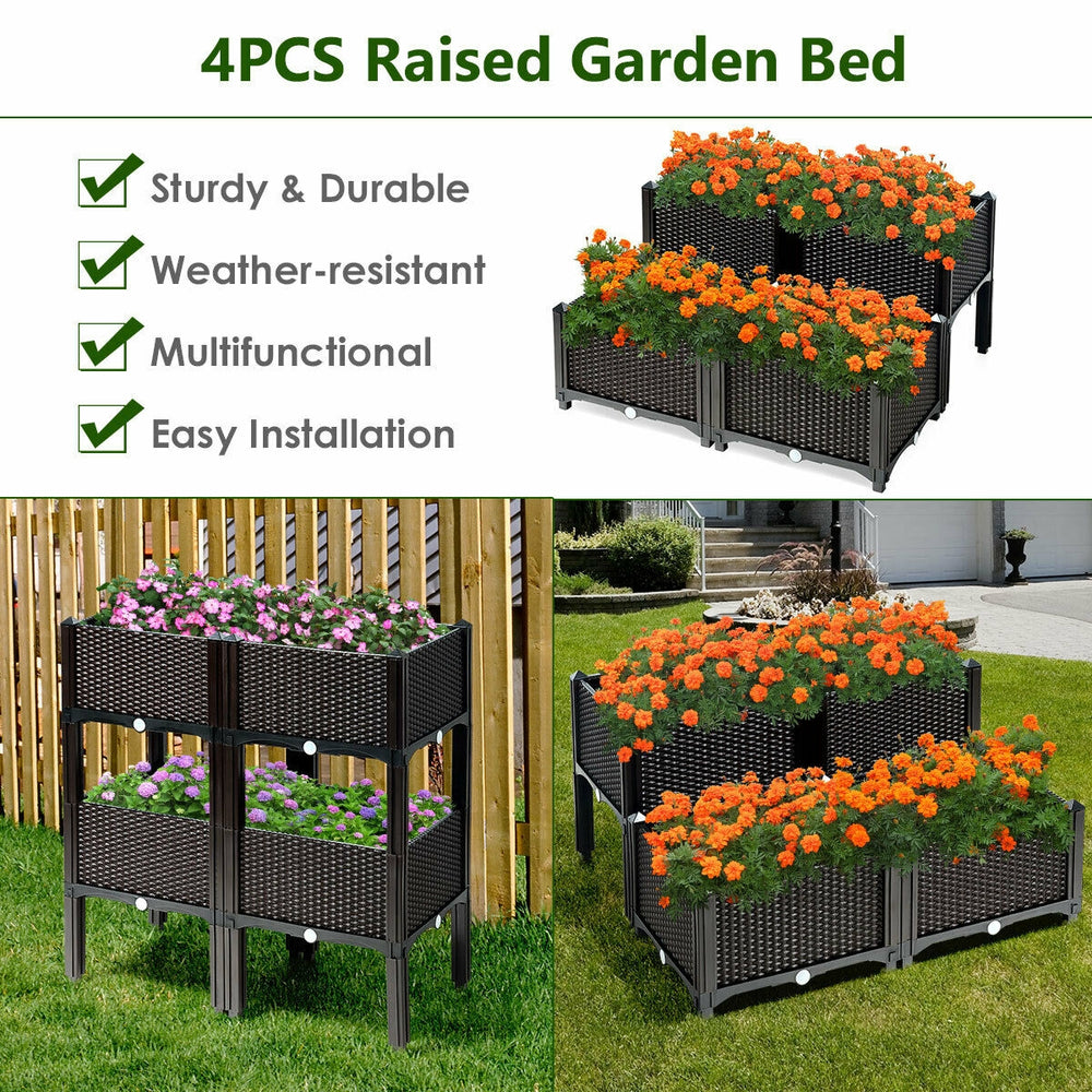 Set of 4 elevated planter boxes in brown, made of weather-resistant HDPE, ideal for flowers and herbs in outdoor spaces.