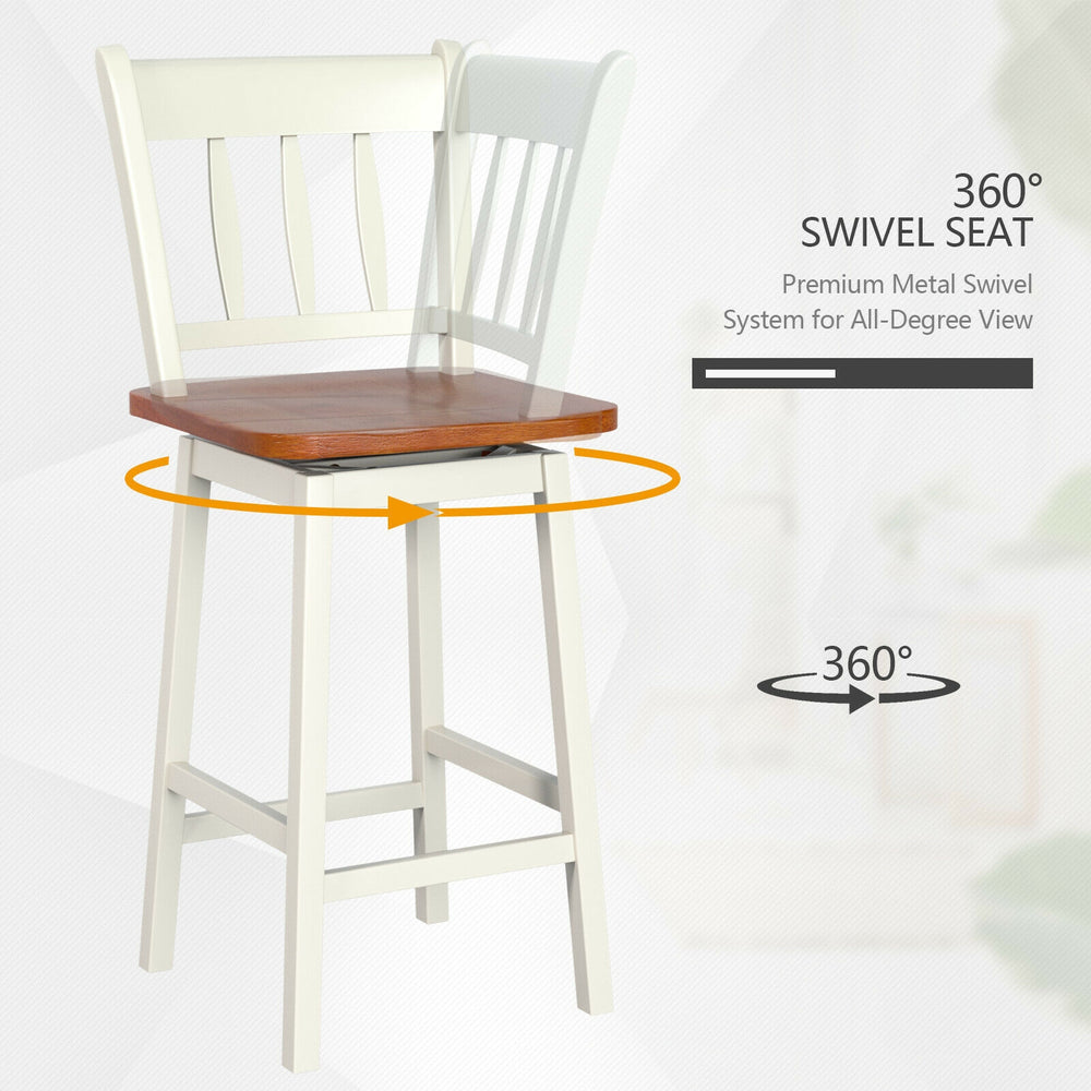 Swivel bar stool set with 360° rotating seat, solid rubberwood frame, and vintage design for kitchen or dining room.
