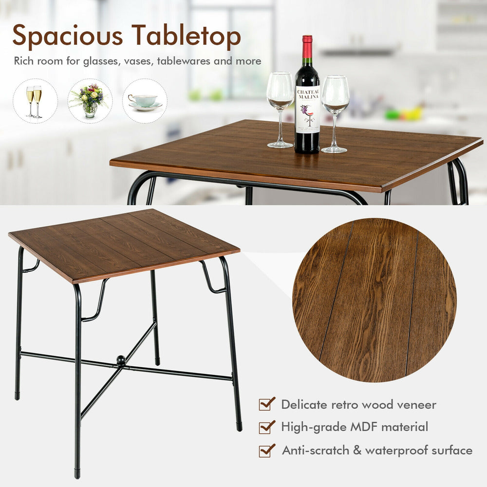 Square bar table set with rustic brown MDF top and 4 backless stools, perfect for dining in kitchens or cafes.