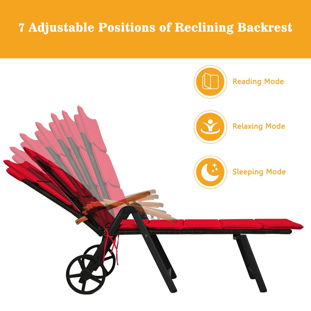 Folding patio rattan lounge chair in red with adjustable backrest and wheels, perfect for outdoor relaxation and.