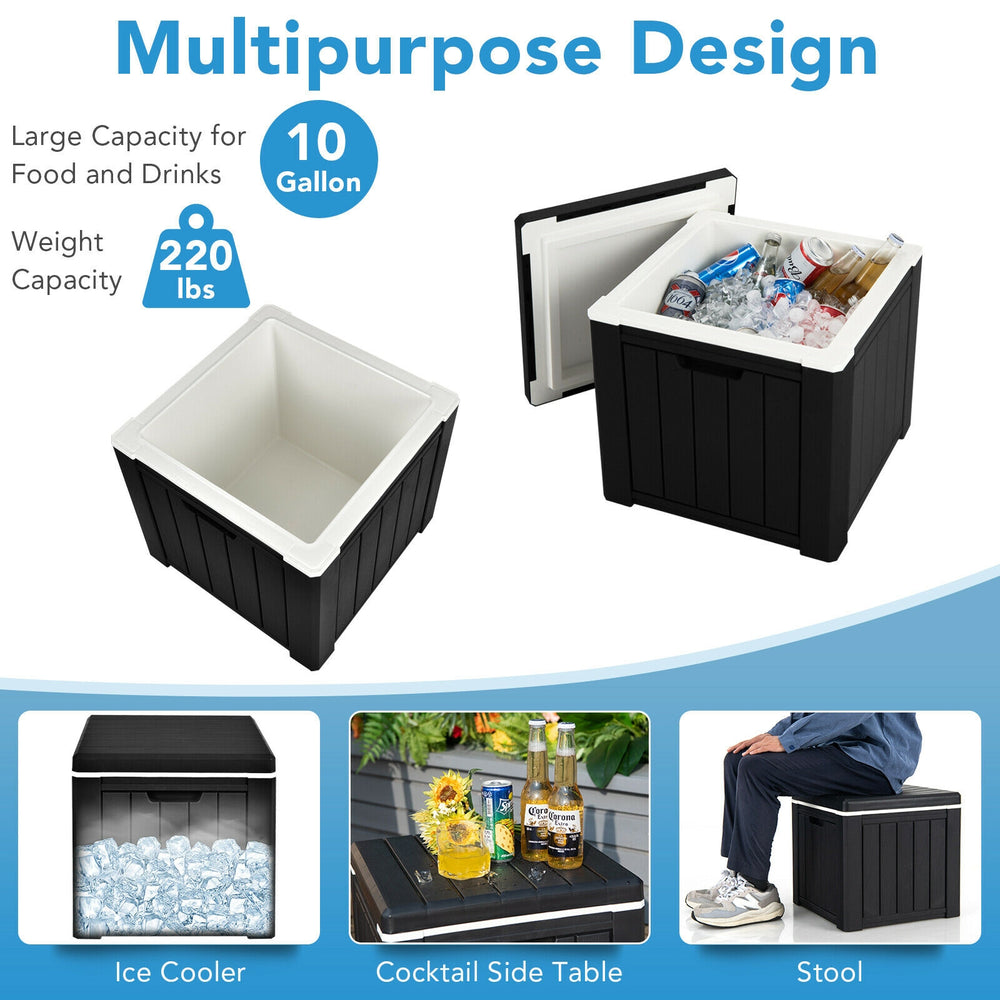 10-gallon black storage cooler with removable lid, ideal for outdoor activities, BBQs, and as a side table or stool.