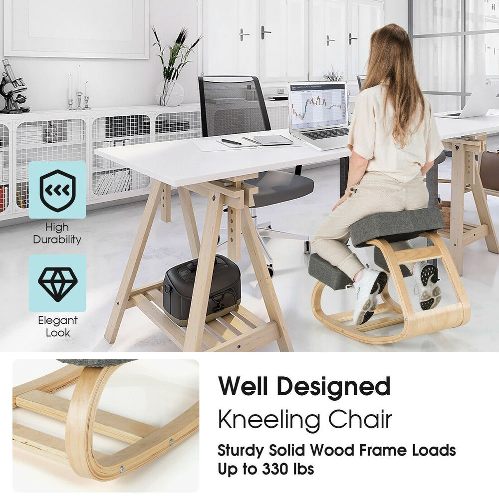 Ergonomic kneeling chair with a curved base design, solid wood frame, and gray elastic cushion for comfortable posture.
