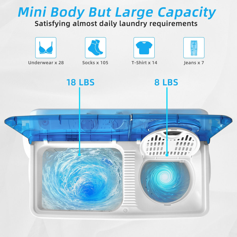 Compact 26lbs portable twin tub washing machine in blue, showcasing the washing tub with 18 lbs capacity for efficient.