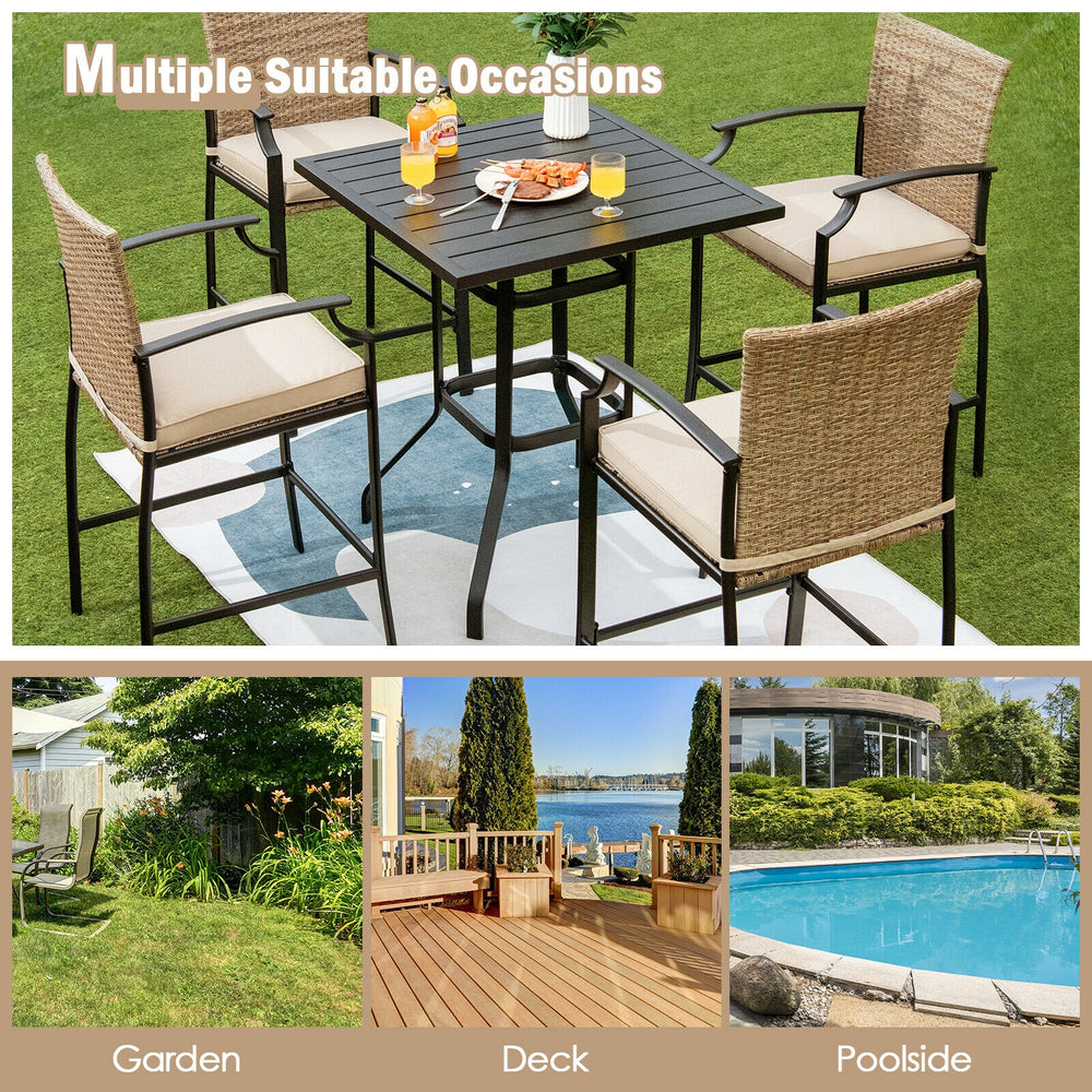 Patio rattan bar stools set of 4 with soft cushions, featuring ergonomic design for outdoor use by the poolside or.