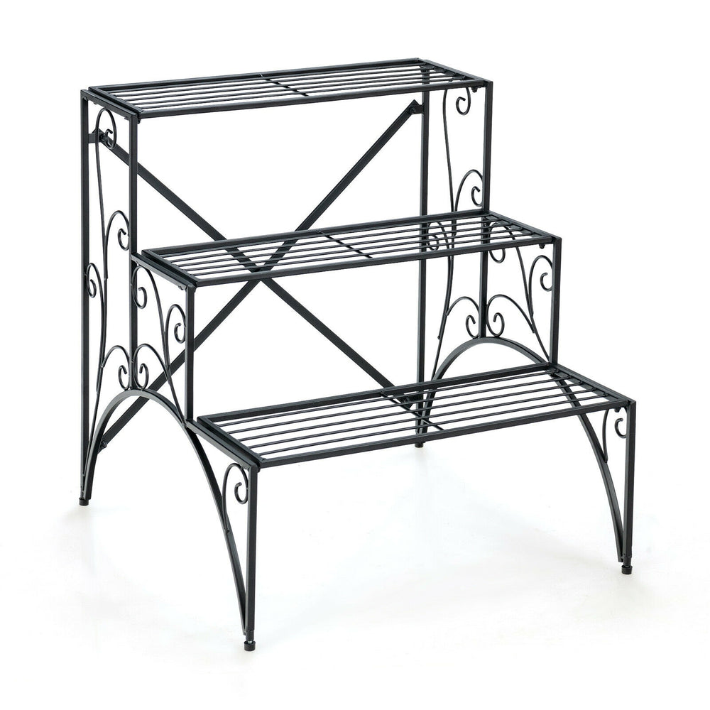 Three-tier black metal plant stand with widened grid shelves for outdoor garden and porch use, ensuring ample sunlight.
