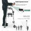 Height adjustable rollator walker with seat and ergonomic armrest pad, featuring a sturdy aluminum frame and 5" wheels.