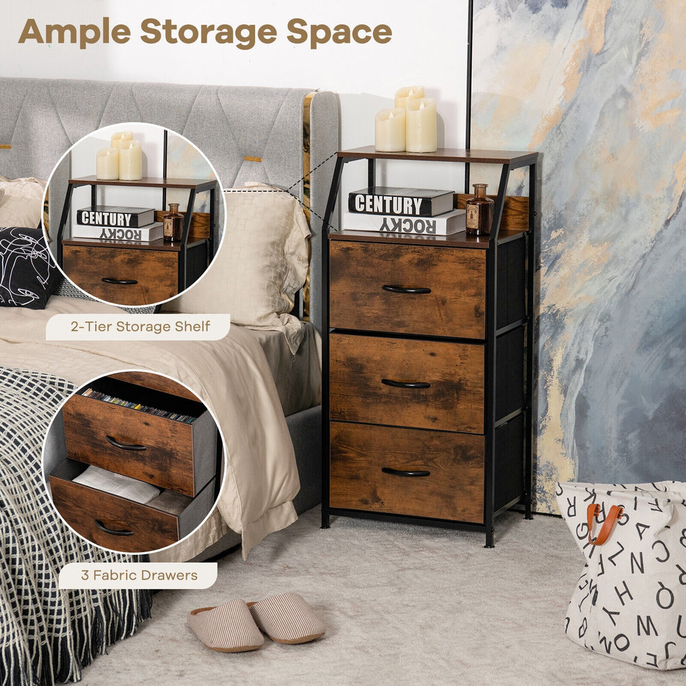 Freestanding cabinet dresser with wooden top, featuring 2-tier shelf and 3 fabric drawers for versatile storage.