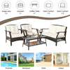 4-piece outdoor rattan conversation set with soft cushions, coffee table, and protective cover for patio relaxation.