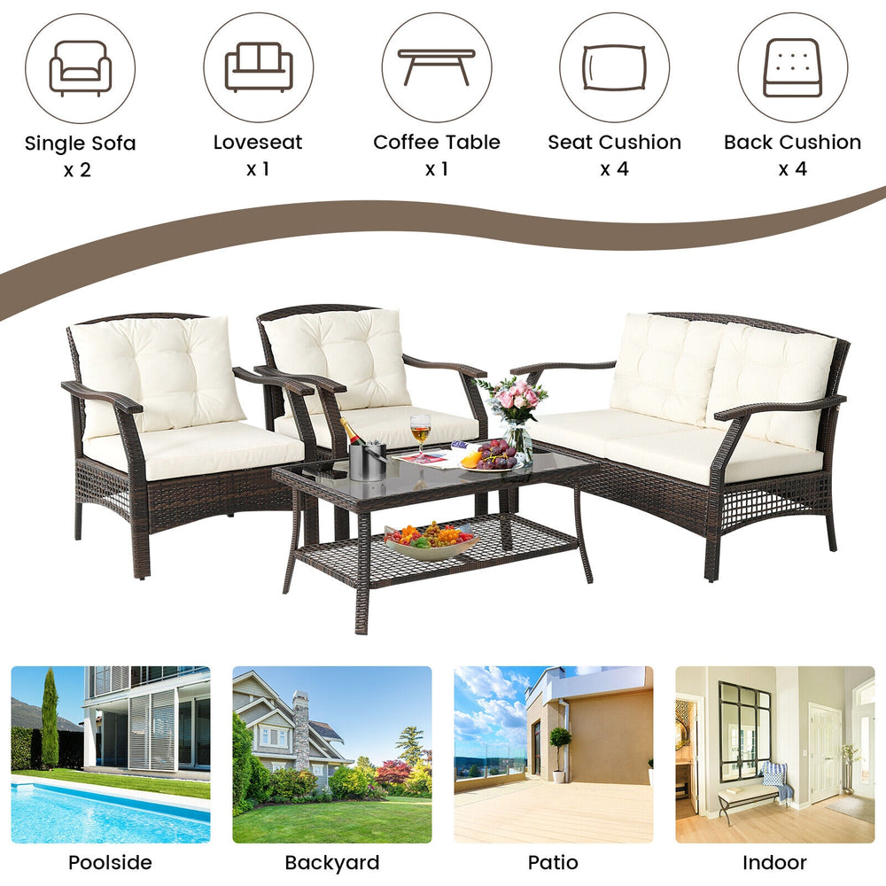 4-piece outdoor rattan conversation set with soft cushions, coffee table, and protective cover for patio relaxation.