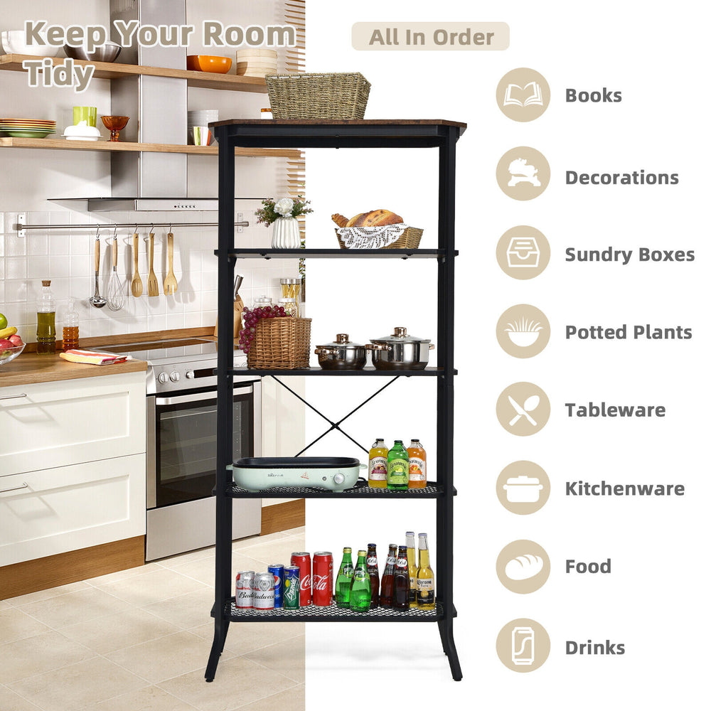 Industrial 5-layer bookshelf in rustic brown with out-stretched legs, perfect for organizing books and decor in any.