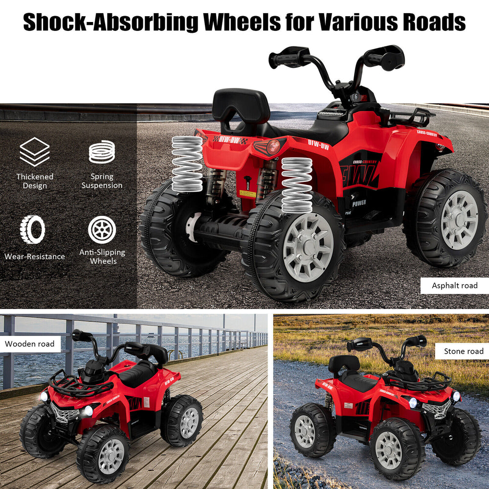 Red 12V kids ride-on ATV with shock-absorbing wheels, headlights, and MP3 for outdoor fun on various terrains.